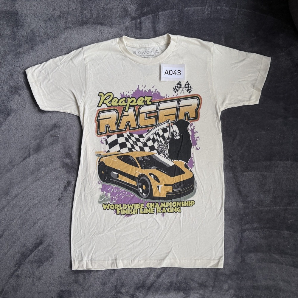 Bioworld Reaper Racer Graphic Tee Mens Cream Yellow Car Size S Cotton Racing NWT